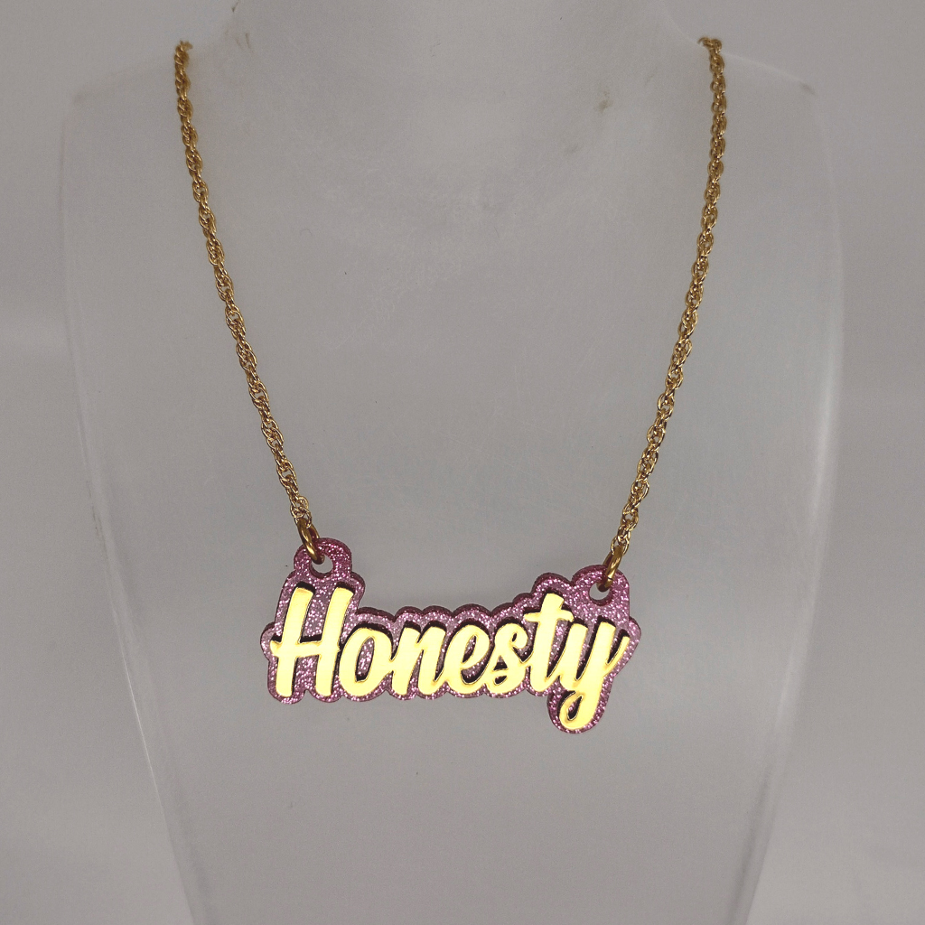 Custom Gold and Pink Glitter Background Name Necklace