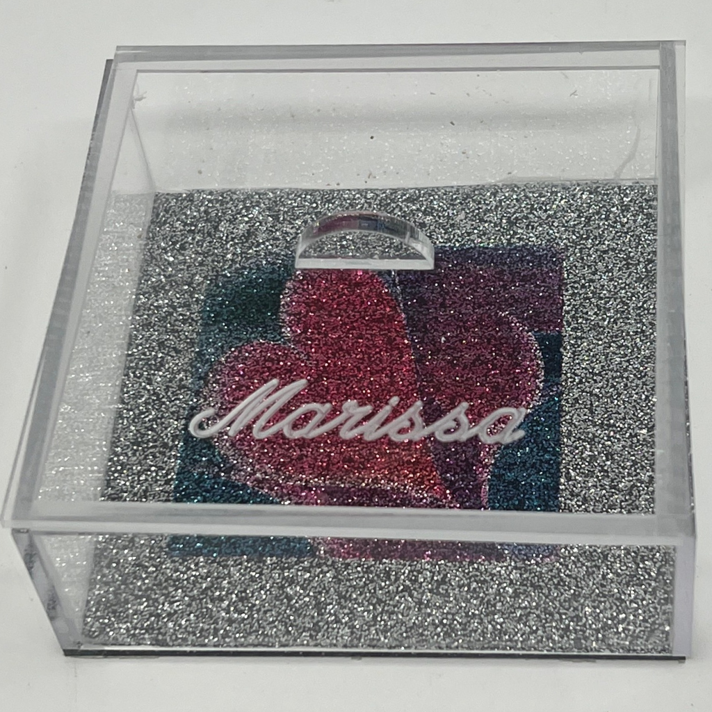 Stylish Heart Rings, Earrings, Necklaces Jewelry Gift Presentation Box Personalized Custom Engraved Features Diamond Forever Glitter Bottom
