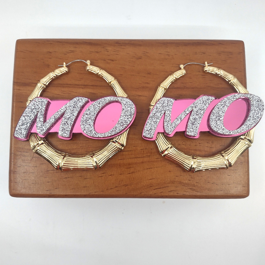 Custom Name and Background Gold Bamboo Hoop Earrings