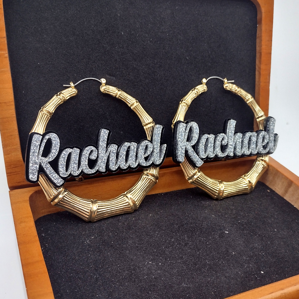 Custom Name and Background Gold Bamboo Hoop Earrings