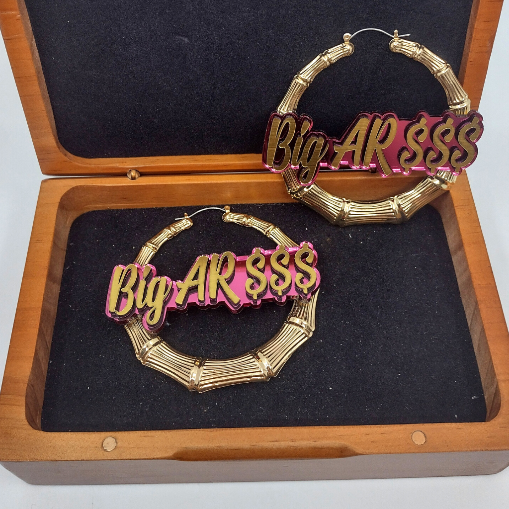 Custom Gold Bamboo Hoop Earrings and a Name Necklace, Personalized Name and Background Color, Hand-made Jewelry Set