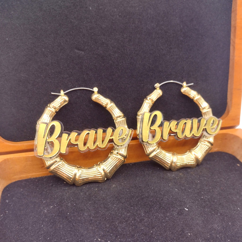 Custom Name and Clear Background Gold Bamboo Hoop Earrings