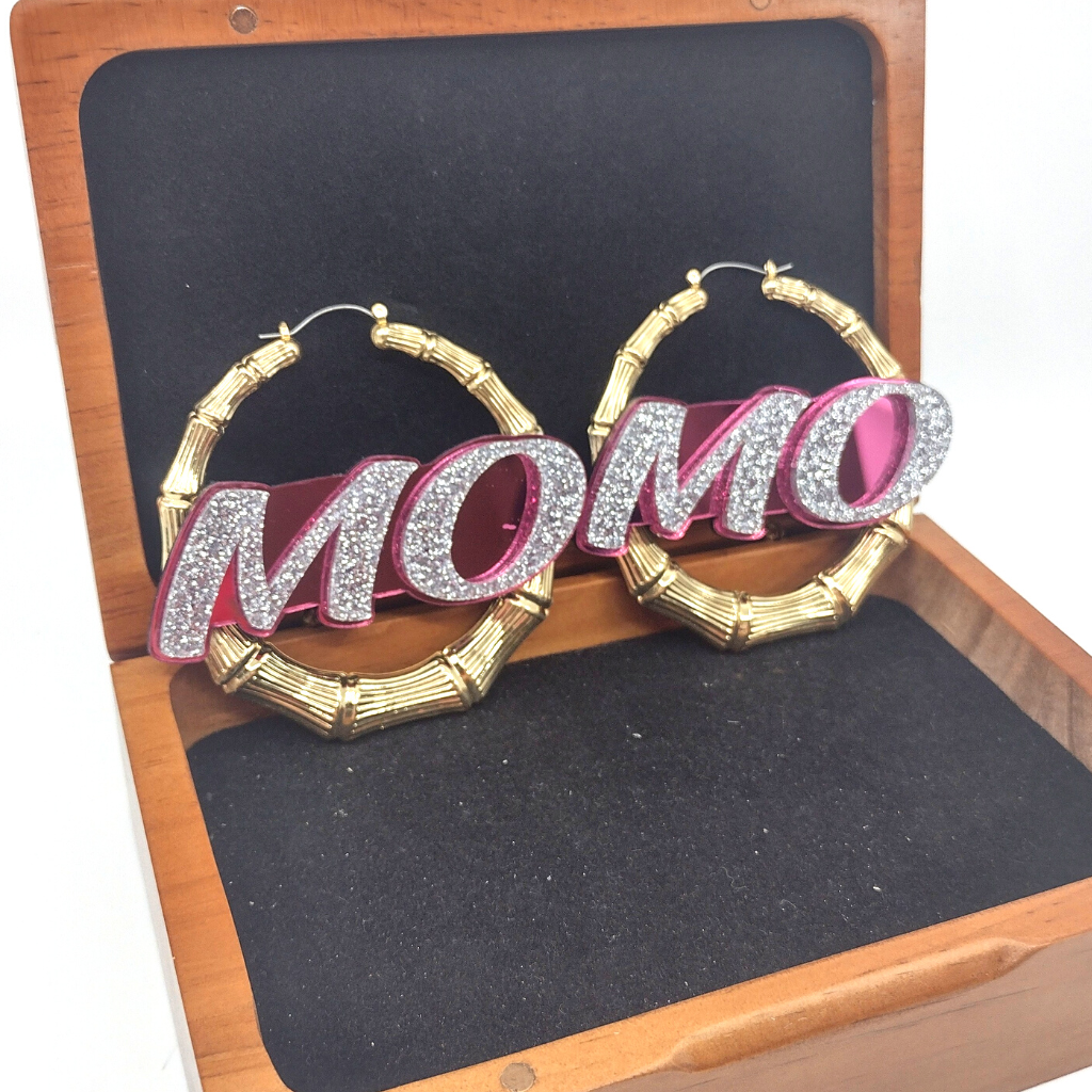 Custom Name and Background Gold Bamboo Hoop Earrings