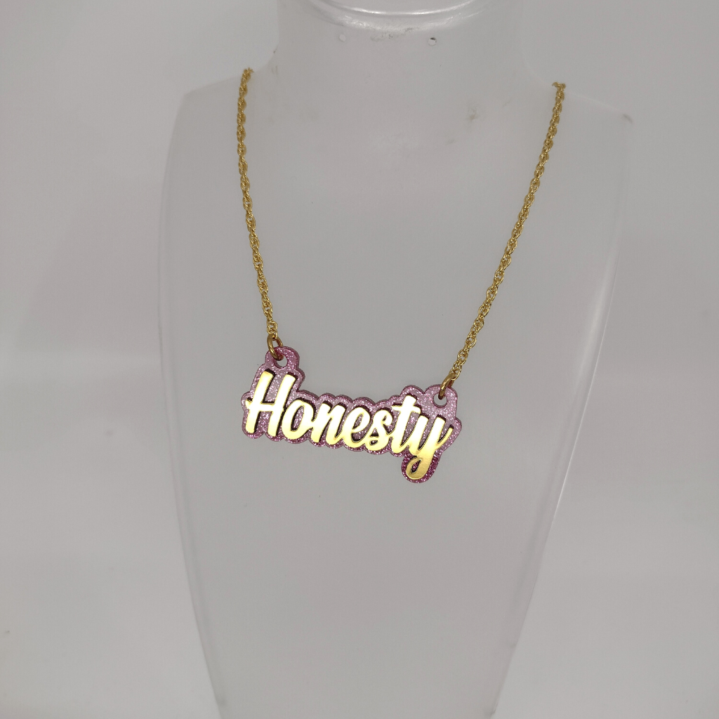 Custom Gold and Pink Glitter Background Name Necklace