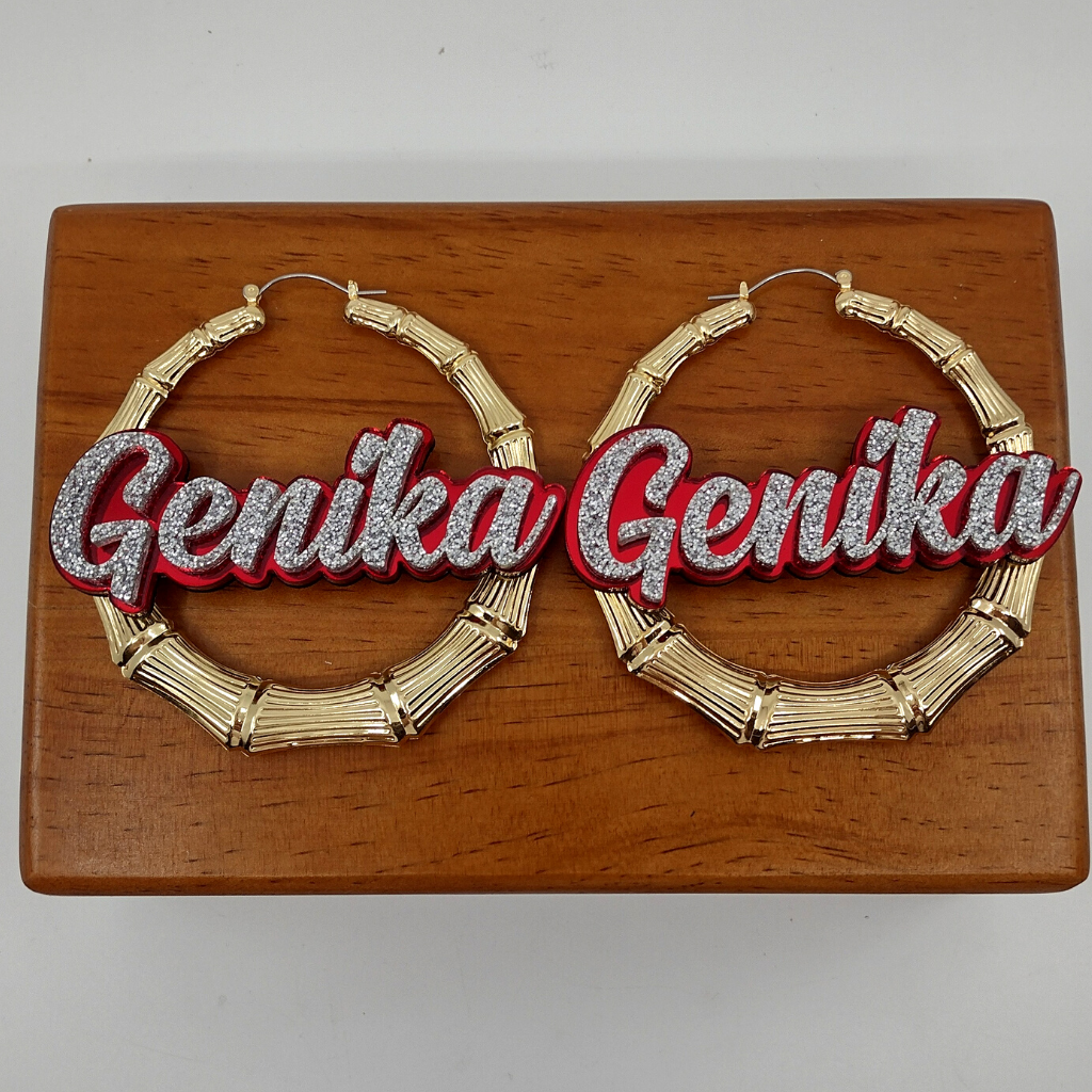 Custom Name and Background Gold Bamboo Hoop Earrings