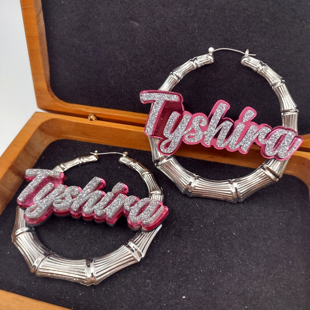 Custom Name and Background Silver Bamboo Hoop Earrings