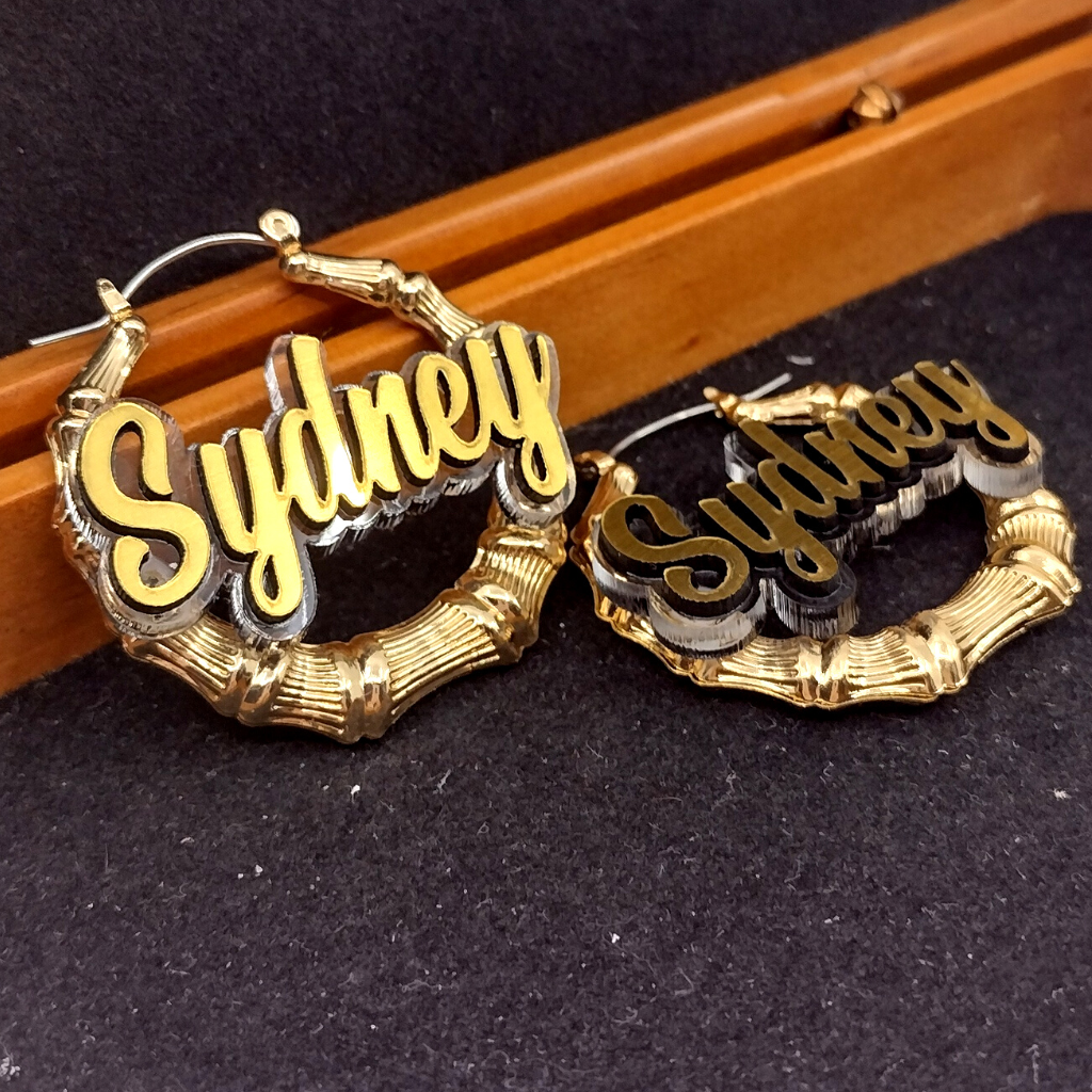 Custom Name and Clear Background Gold Bamboo Hoop Earrings