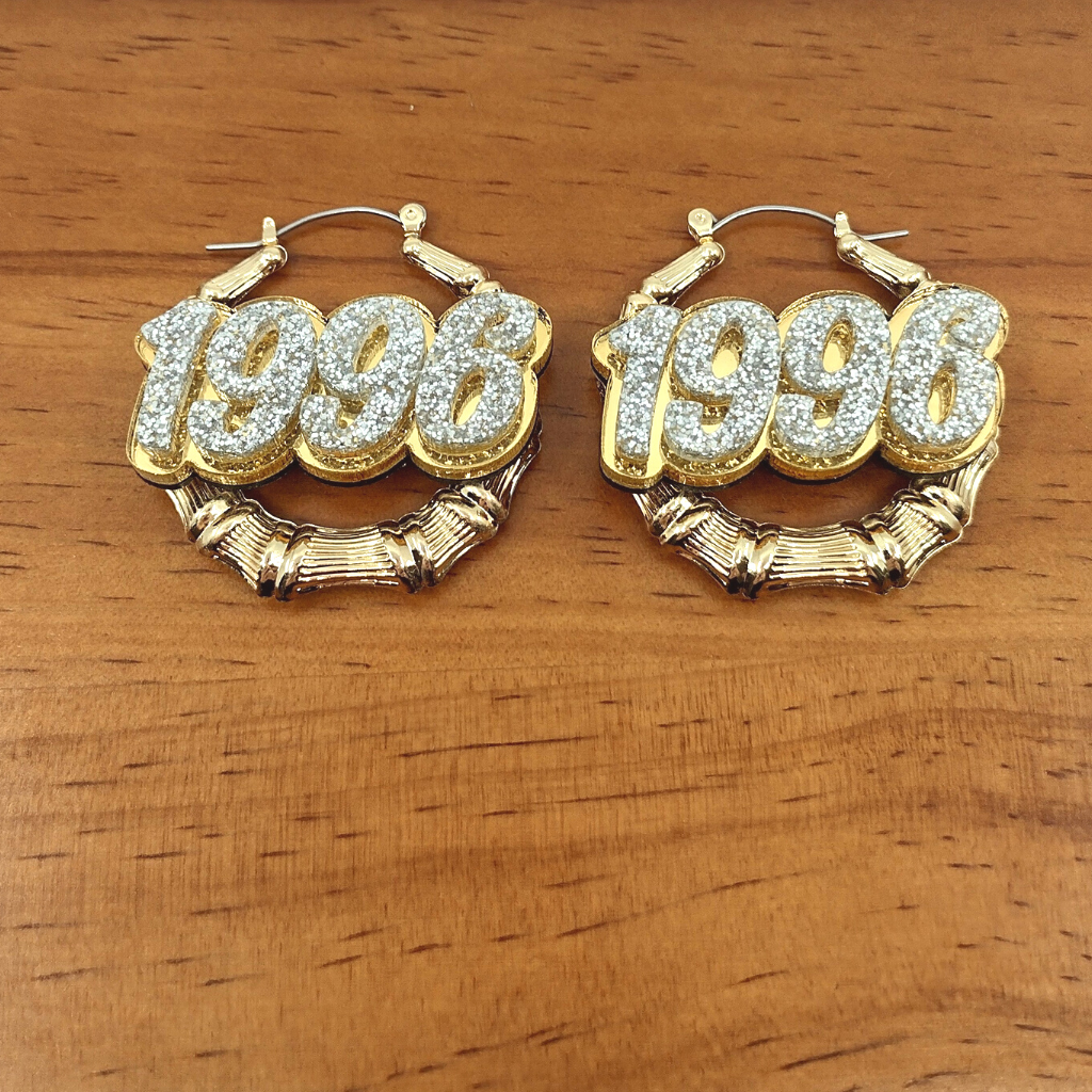 Custom Name and Background Gold Bamboo Hoop Earrings