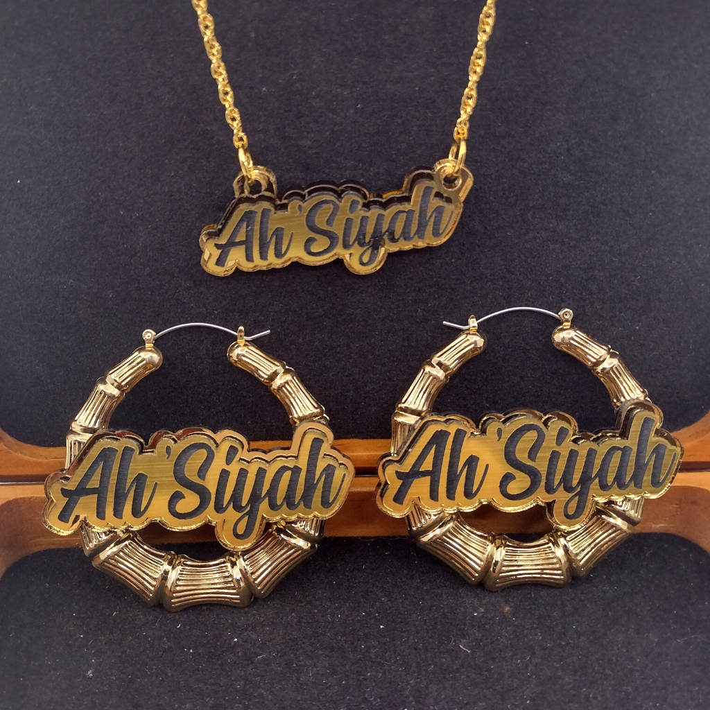 Custom Gold Hoop Earrings and a Name Necklace, Personalized Name, Hand-made Jewelry Set