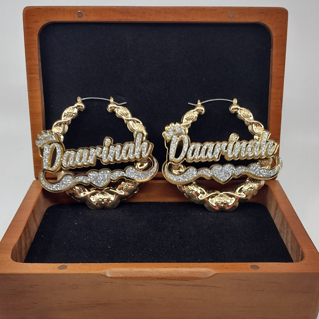 Heart and Swirl with Crown Custom XOXO Gold Hoop Earrings and a Name Necklace, Personalized Name and Background Color, Hand-made Jewelry Set