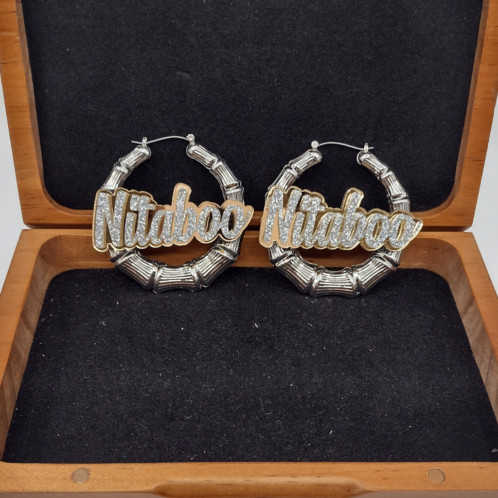 Custom Name and Background Silver Bamboo Hoop Earrings