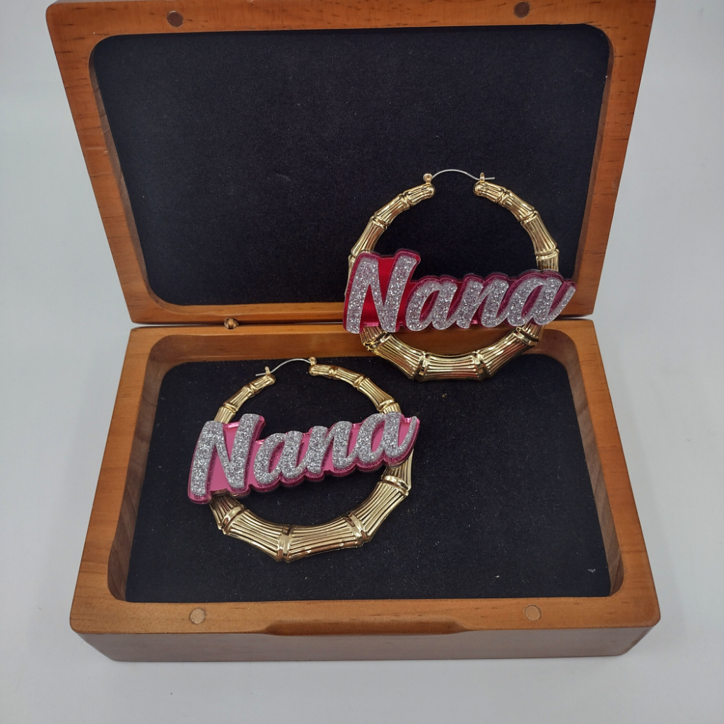 Custom Name and Background Gold Bamboo Hoop Earrings