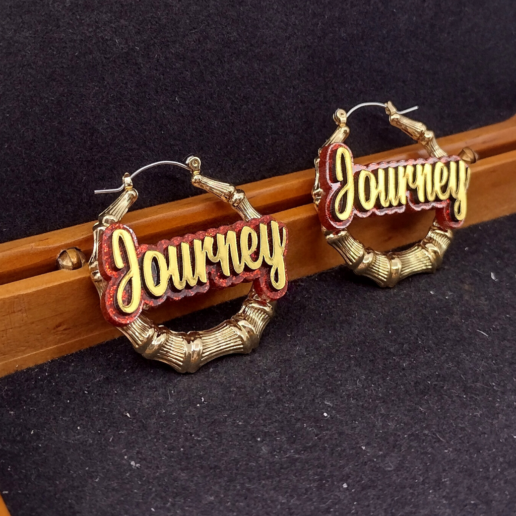 Custom Name and Background Gold Bamboo Hoop Earrings