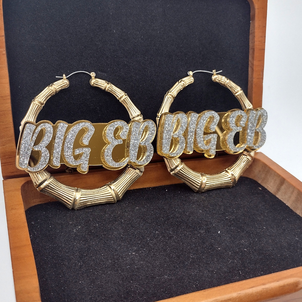 Custom Name and Background Gold Bamboo Hoop Earrings