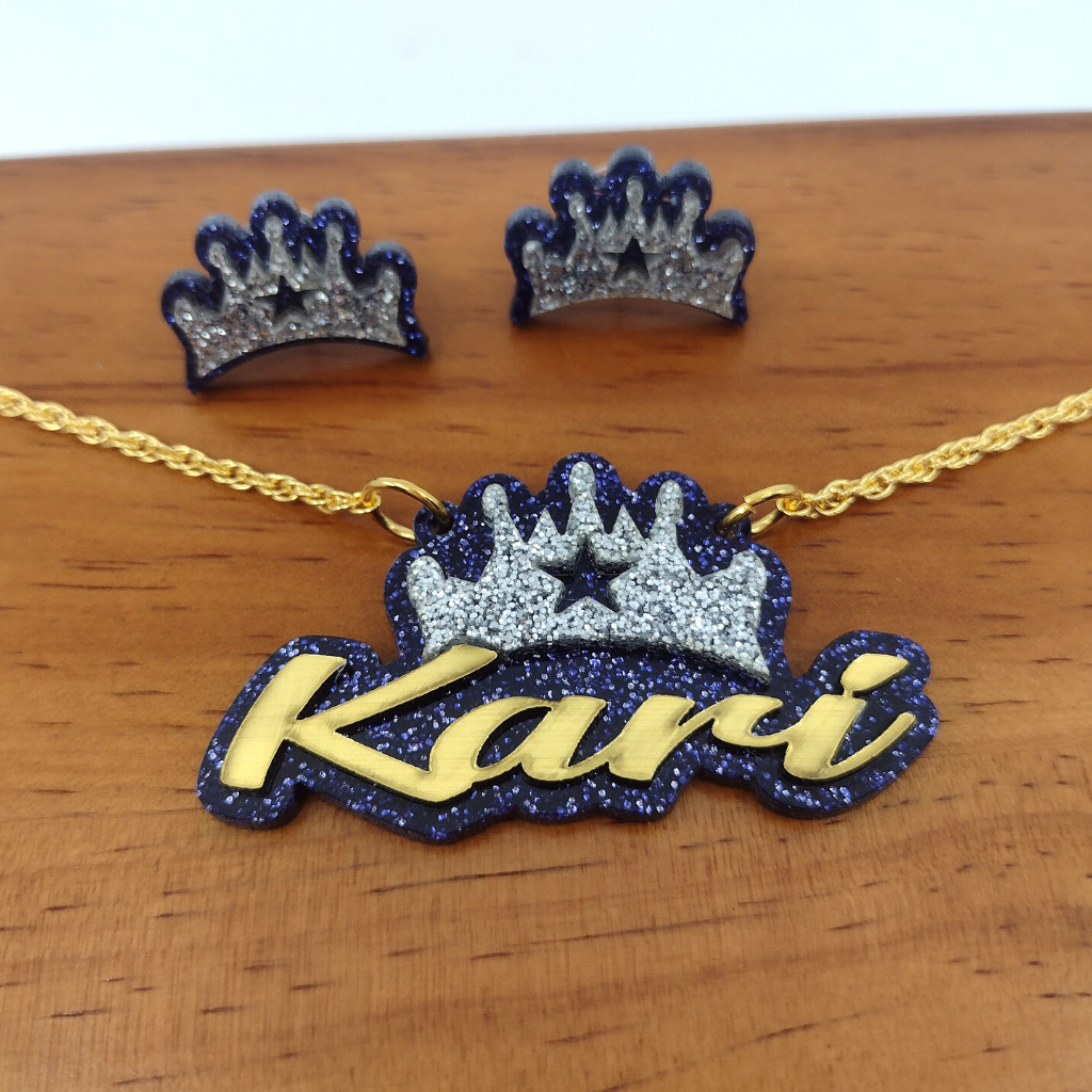 Custom Crown Personalized Necklace and Studs Jewelry Set