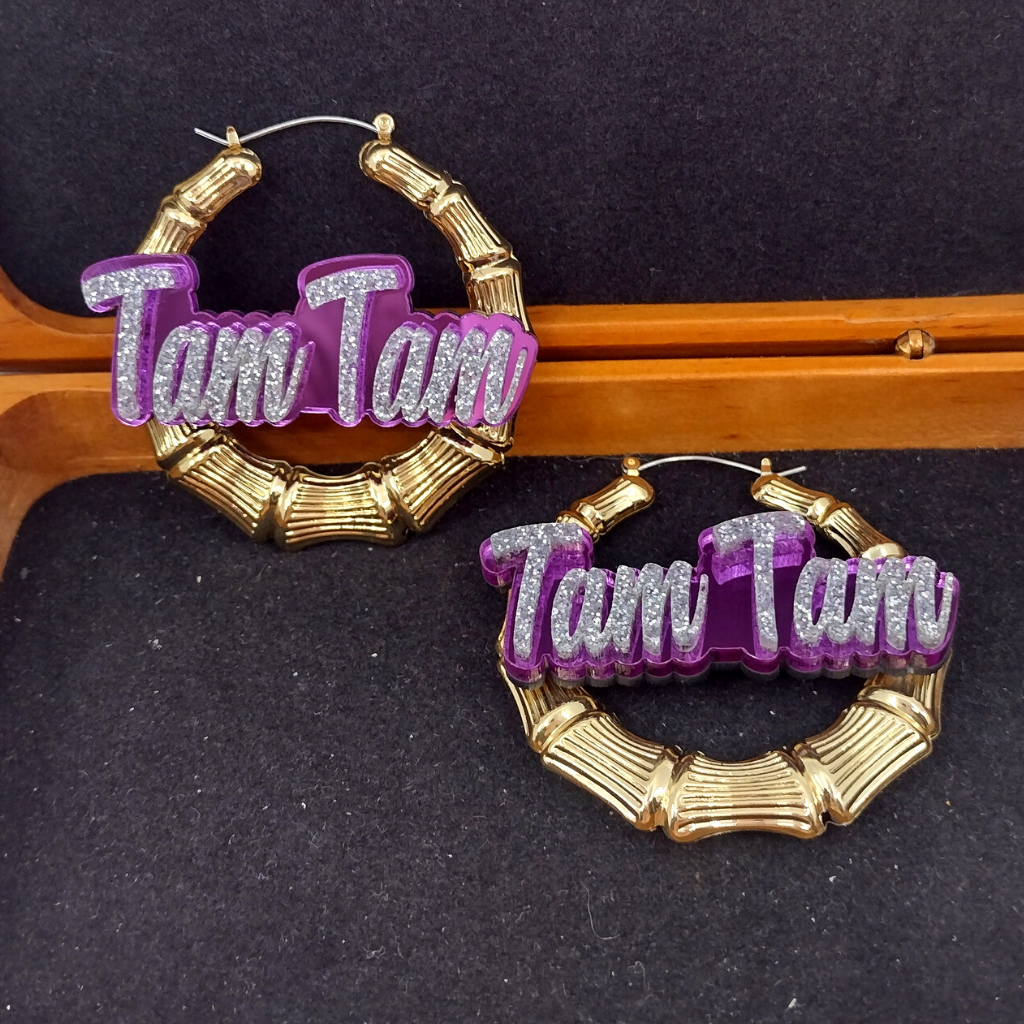 Custom Name and Background Gold Bamboo Hoop Earrings