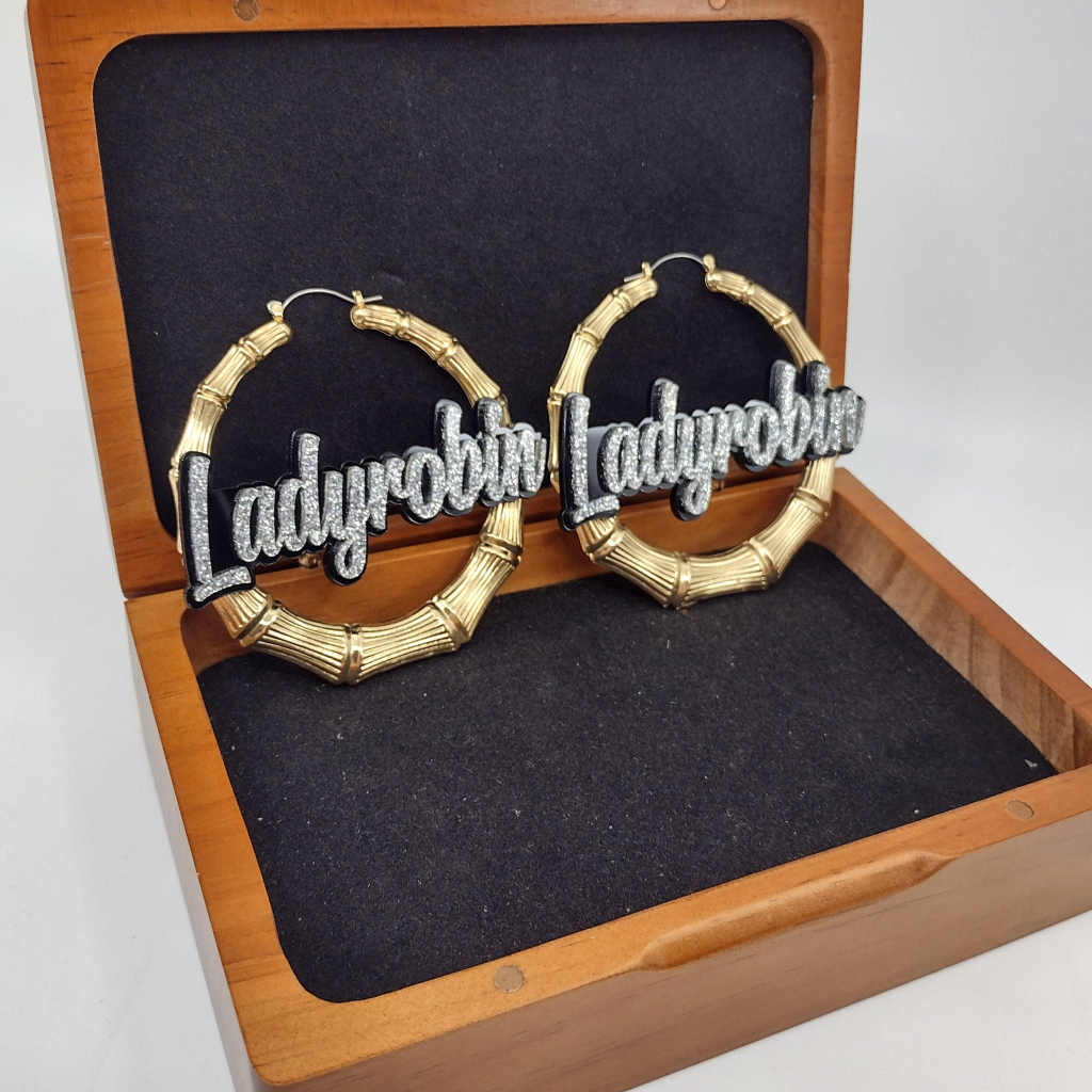 Custom Name and Background Gold Bamboo Hoop Earrings