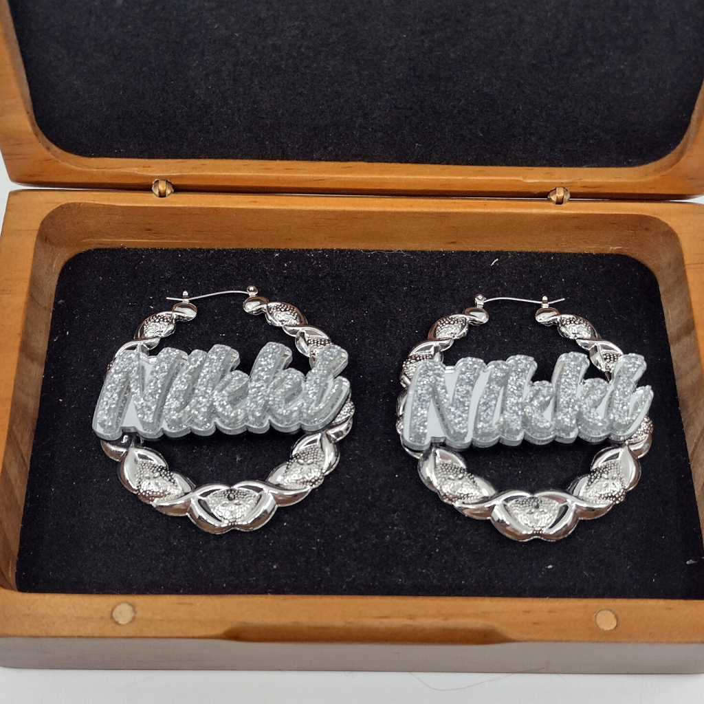 Custom XOXO Name and Background Silver Hoop Earrings