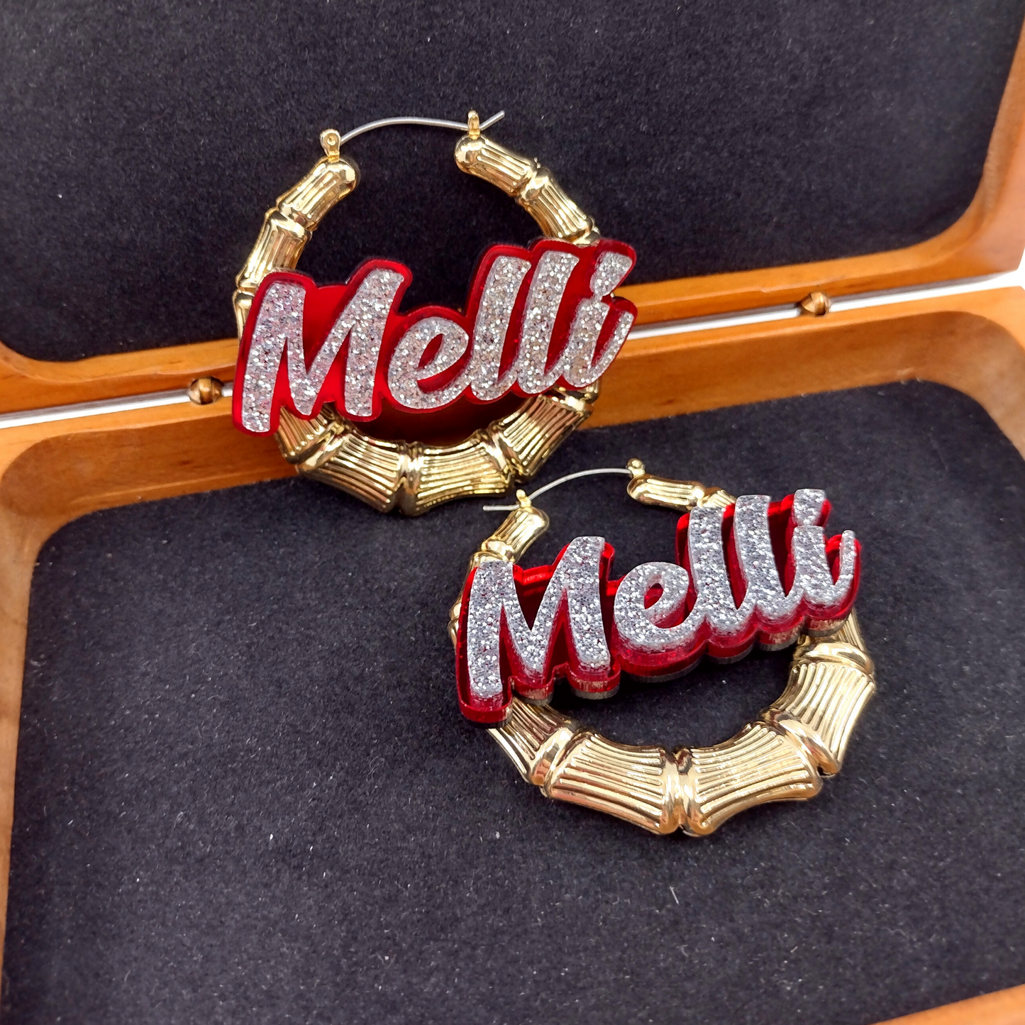 Custom Name and Background Gold Bamboo Hoop Earrings