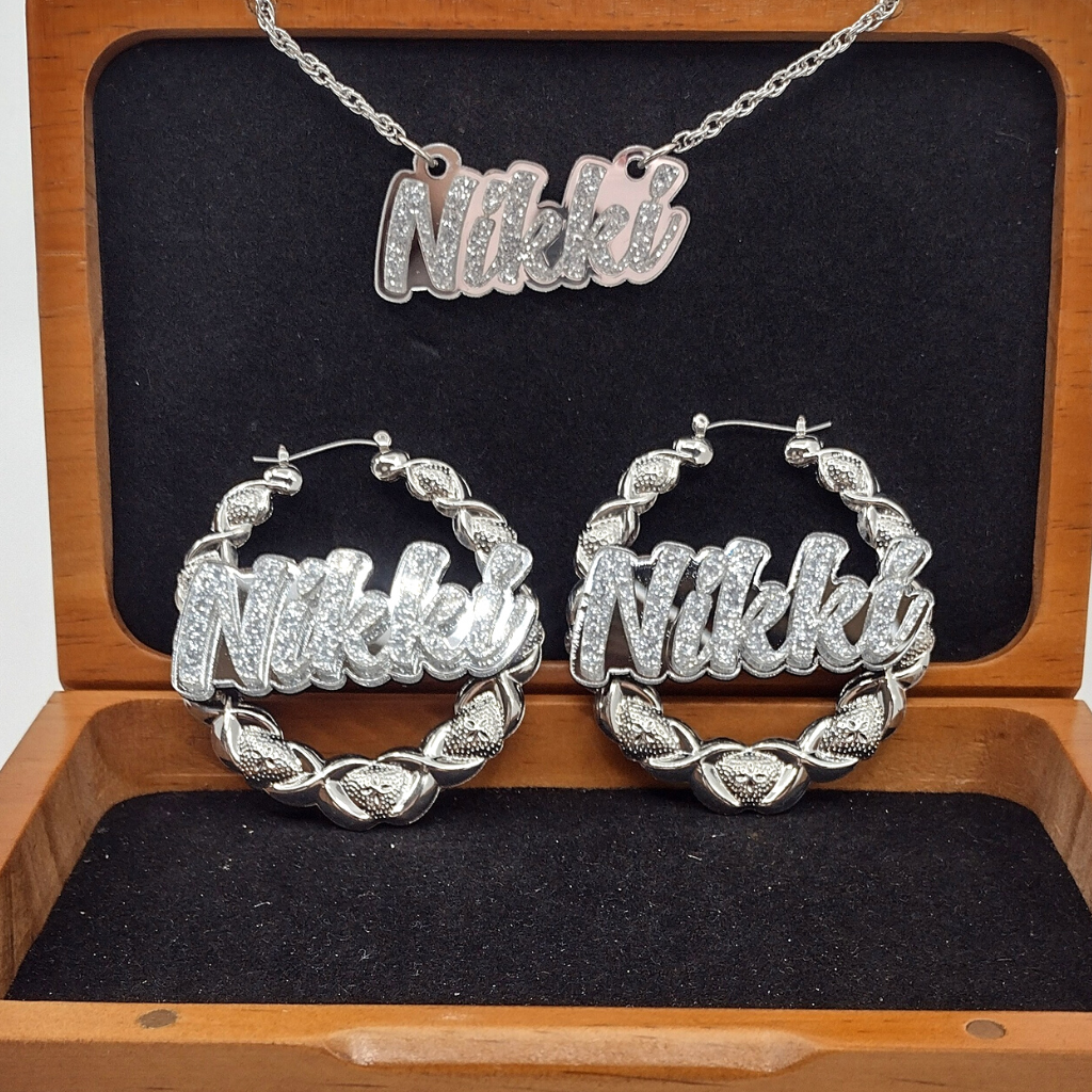 Custom XOXO Silver Hoop Earrings and a Name Necklace, Personalized Name and Background Color, Hand-made Jewelry Set