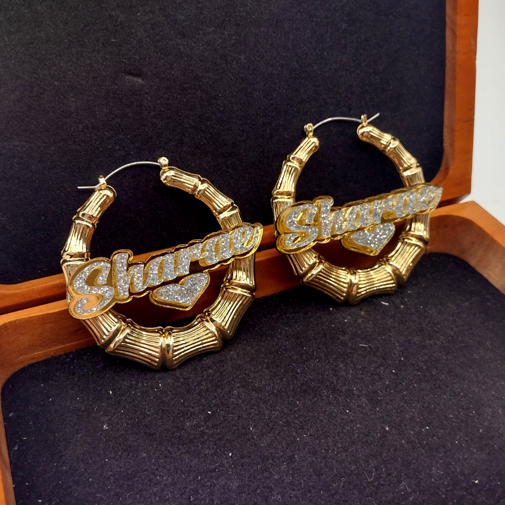 Custom Name with Heart and Background Gold Bamboo Hoop Earrings