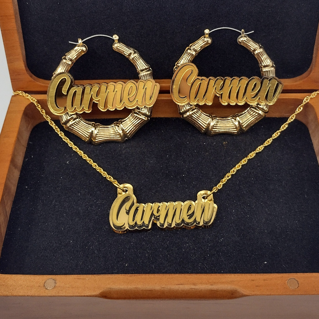 Custom Gold Hoop Earrings and a Name Necklace, Personalized Name and Background Color, Hand-made Jewelry Set