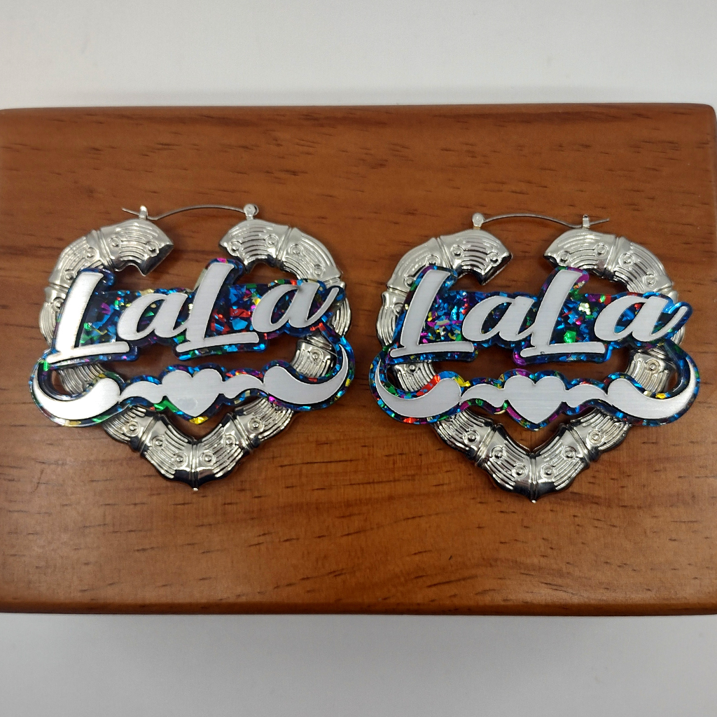 Custom Silver Heart Name and Background Hoop Earrings