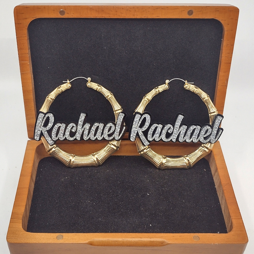 Custom Name and Background Gold Bamboo Hoop Earrings