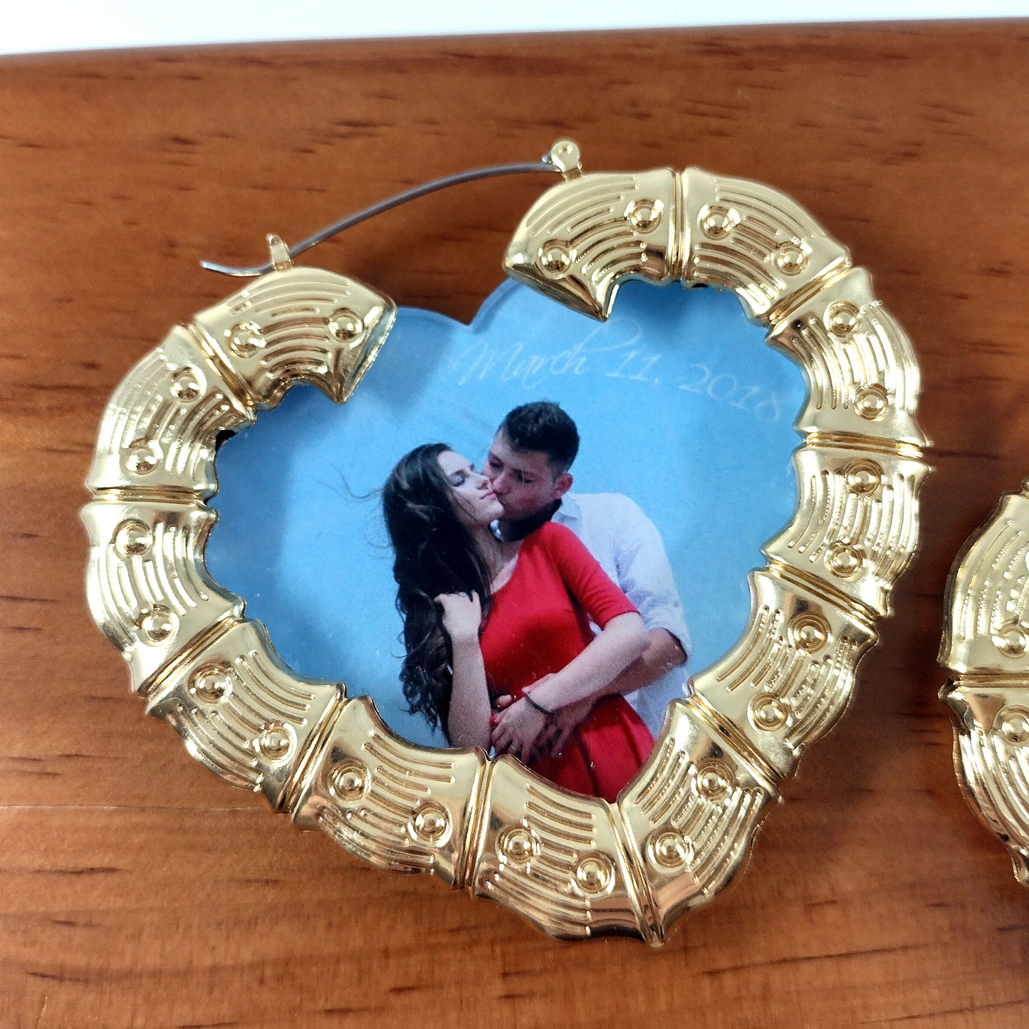 Custom Heart Shaped Personalized Photo Name Necklace and Earrings, UV Printed Jewelry Set