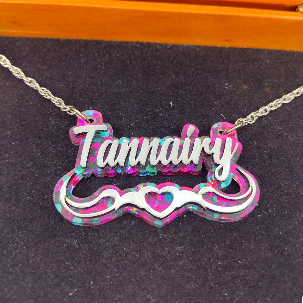 Custom Silver Confetti Multi-Color Heart and Swirl Name Hoop Earrings and a Name Necklace, Personalized Name, Hand-made Jewelry Set