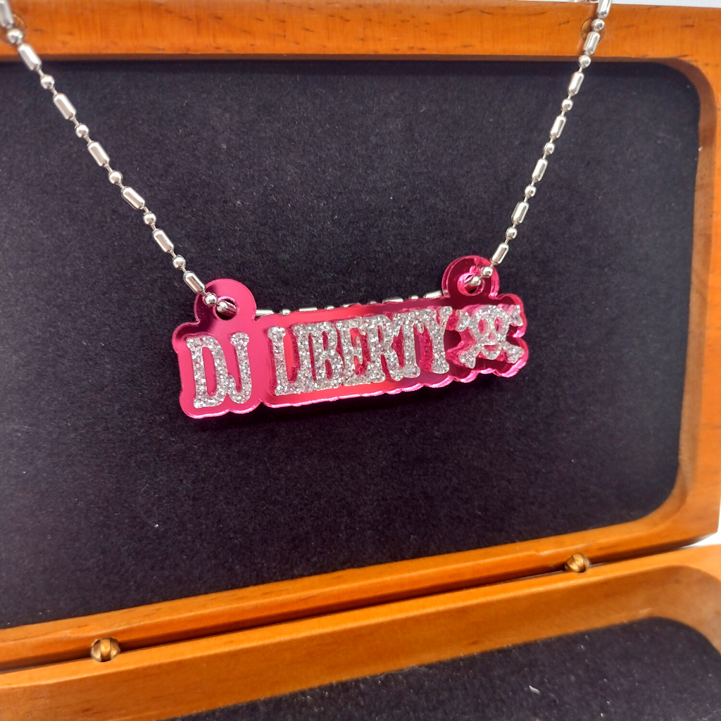Custom Skull and Crossbones Name Necklace, Personalized Glitter Name Necklace