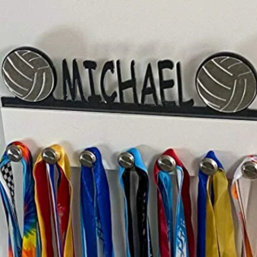 Volleyball Personalized Sports Medal Holder, Handmade Wall Organizer, Storage Space for Your Living Space