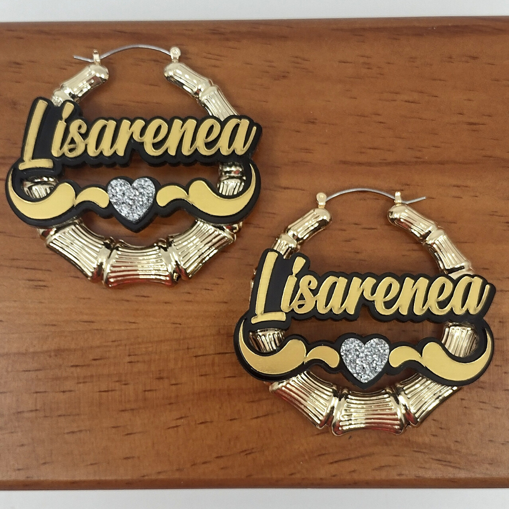 Heart and Swirl Custom Name and Background Gold Bamboo Hoop Earrings