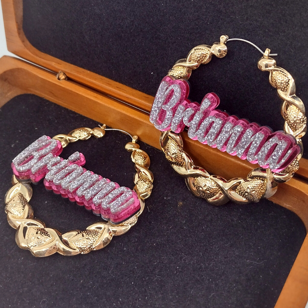 Custom Gold XOXO Hoop Earrings and a Name Necklace, Personalized Name and Background Color, Hand-made Jewelry Set