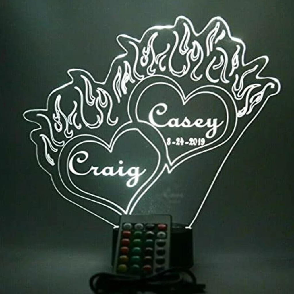 Double Hearts with Flames LED Tabletop Night Light Up Lamp, 16 Color options with Remote