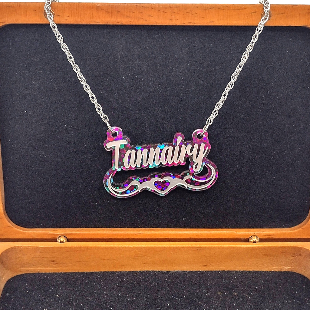 Custom Silver Confetti Multi-Color Heart and Swirl Name Necklace