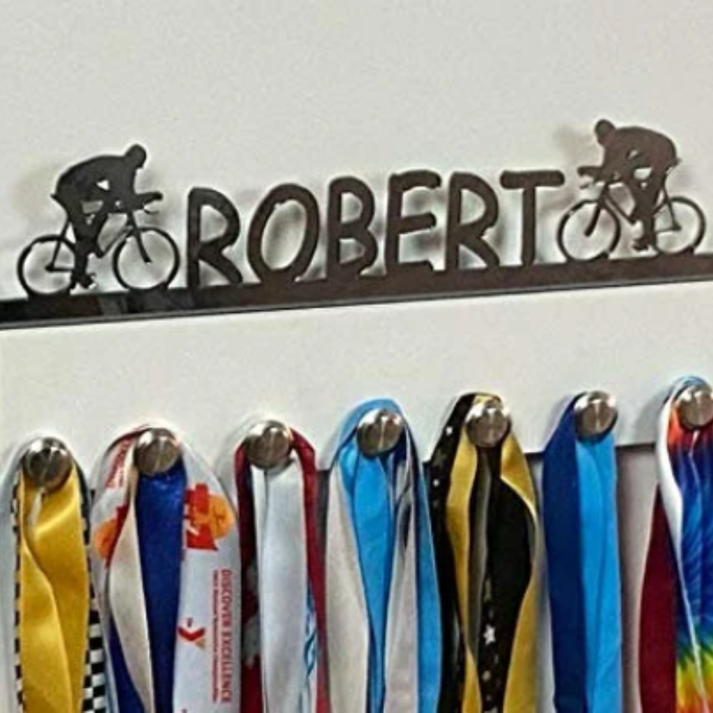 Biking Cyclists Personalized Medal Holder, Handmade Wall Organizer, Storage Space for Your Living Space