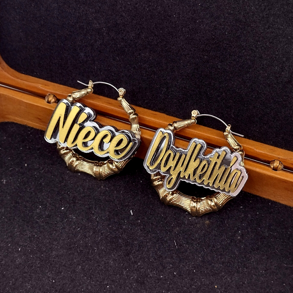Custom Name and Background Gold Bamboo Hoop Earrings