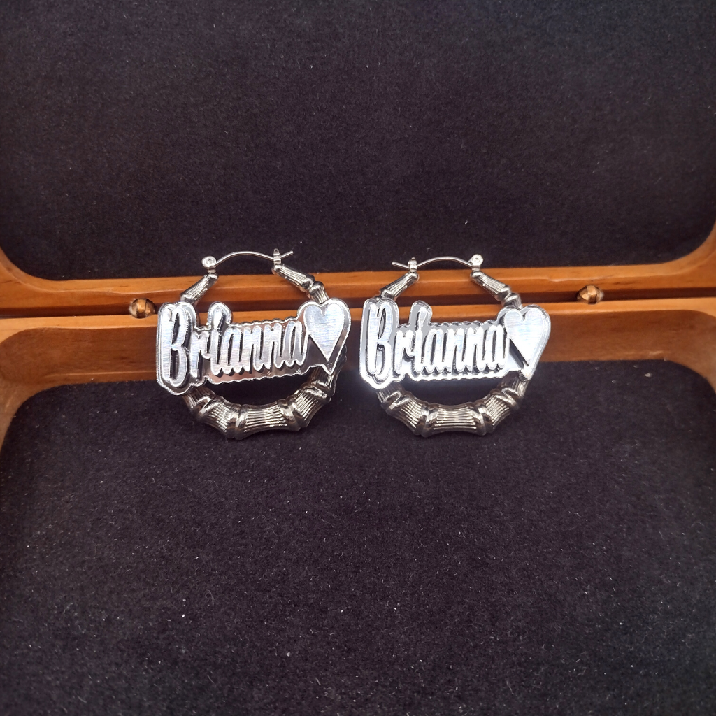 Custom Name with Heart and Background Silver Bamboo Hoop Earrings