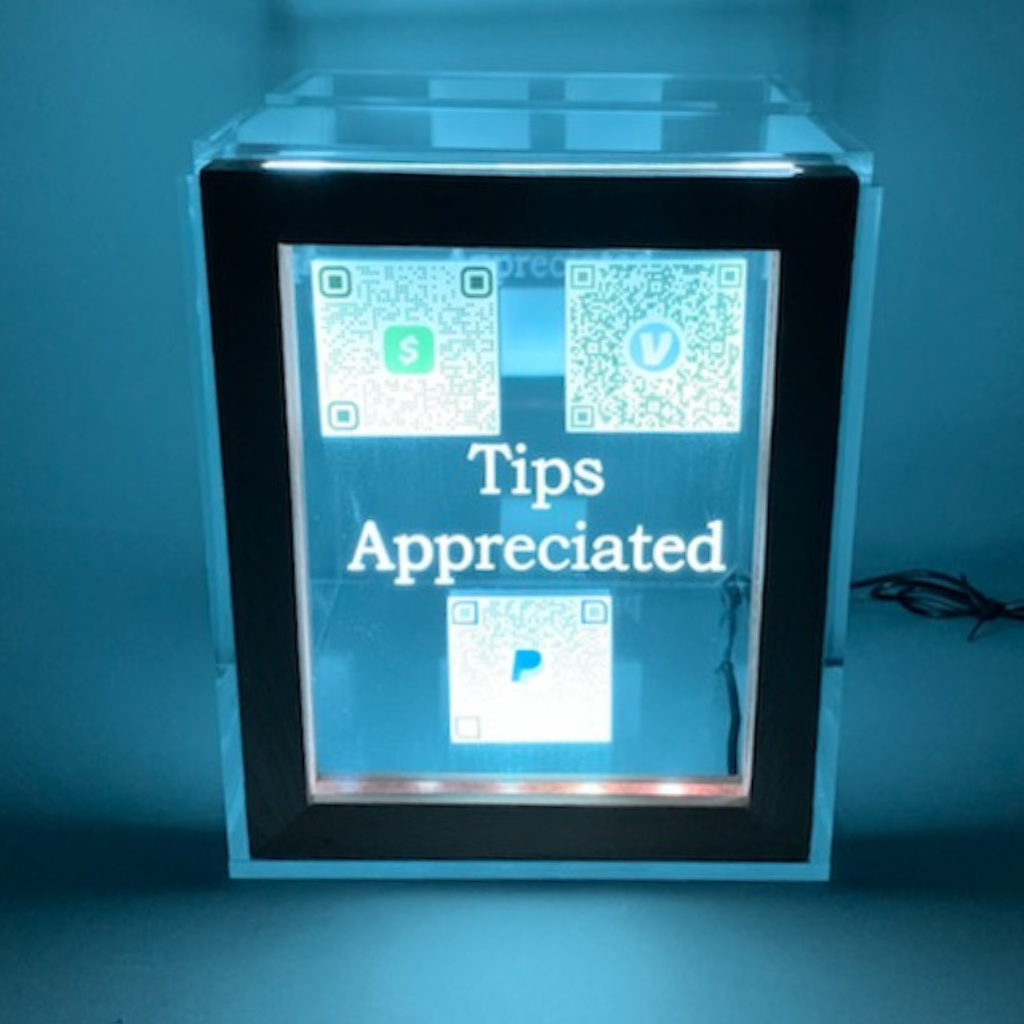 QR Code Tip Box or Donation Jar Personalized Free Engraved LED 16 Colors Changing 7"W x 8.5"H Container