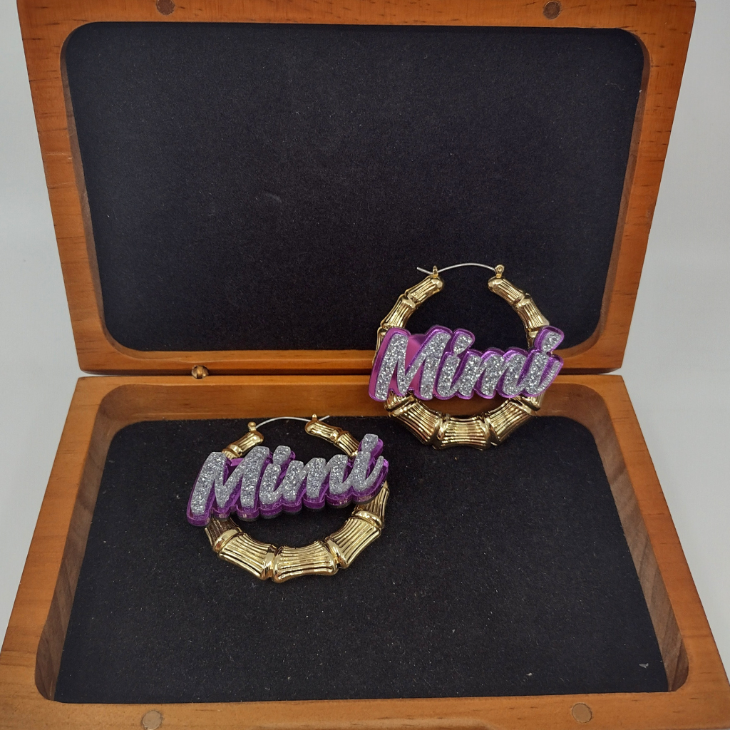 Custom Name and Background Gold Bamboo Hoop Earrings