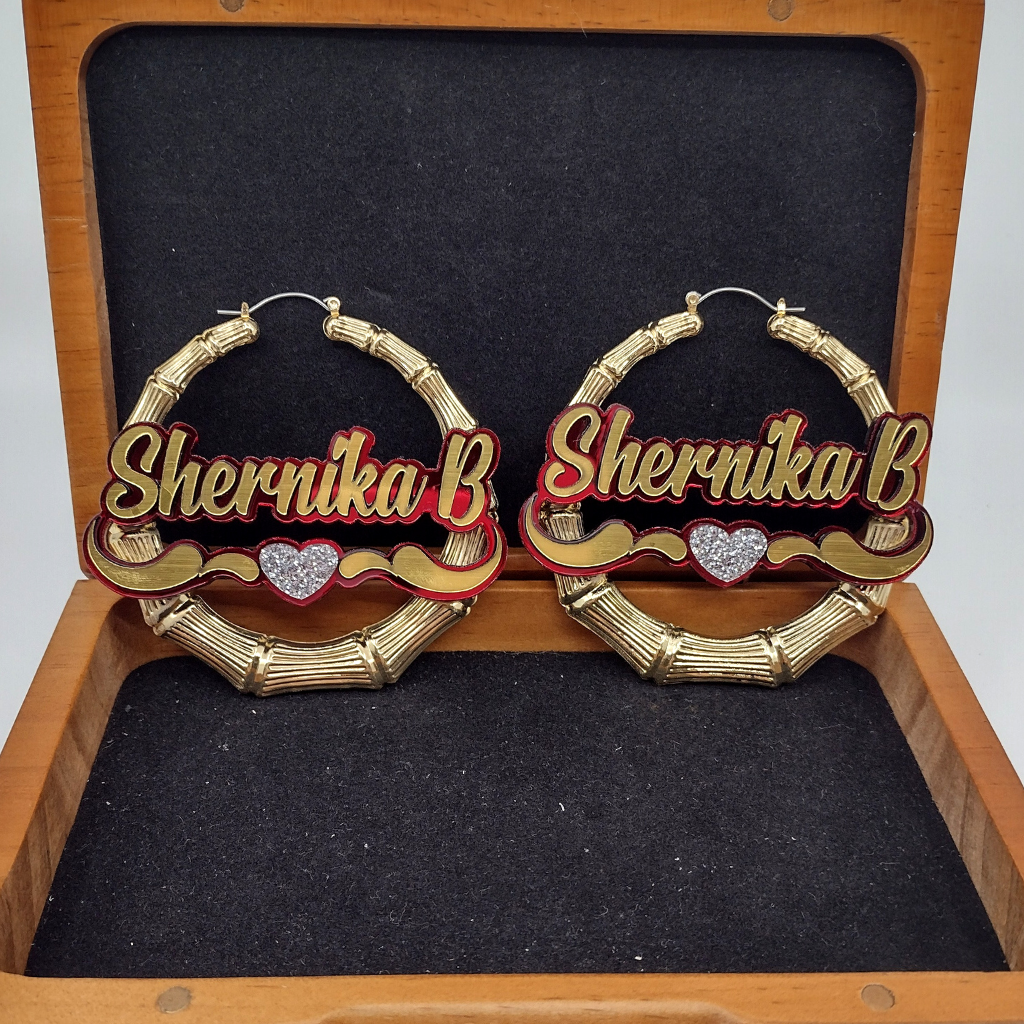 Custom Heart and Swirl Name and Background Gold Bamboo Hoop Earrings