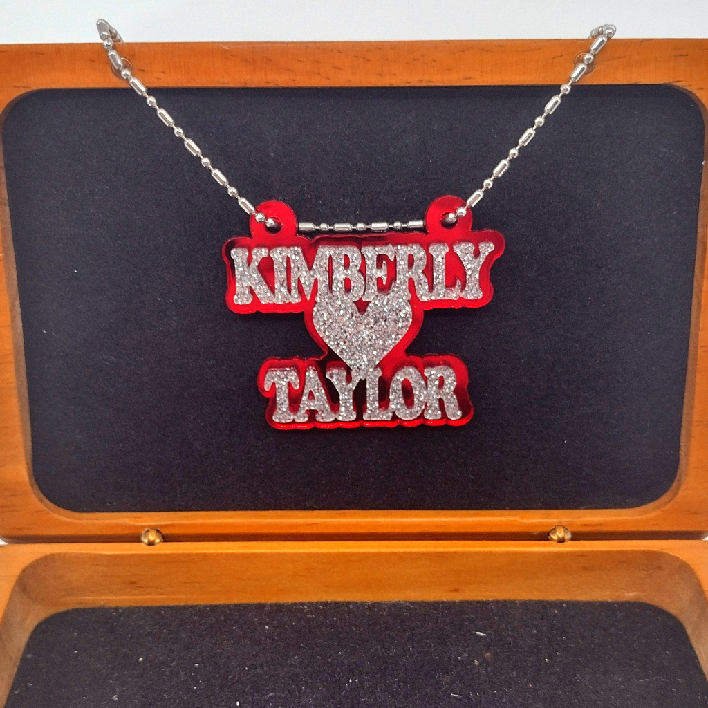 Custom Couples Name Necklace with Heart, Personalized Glitter Name Necklace