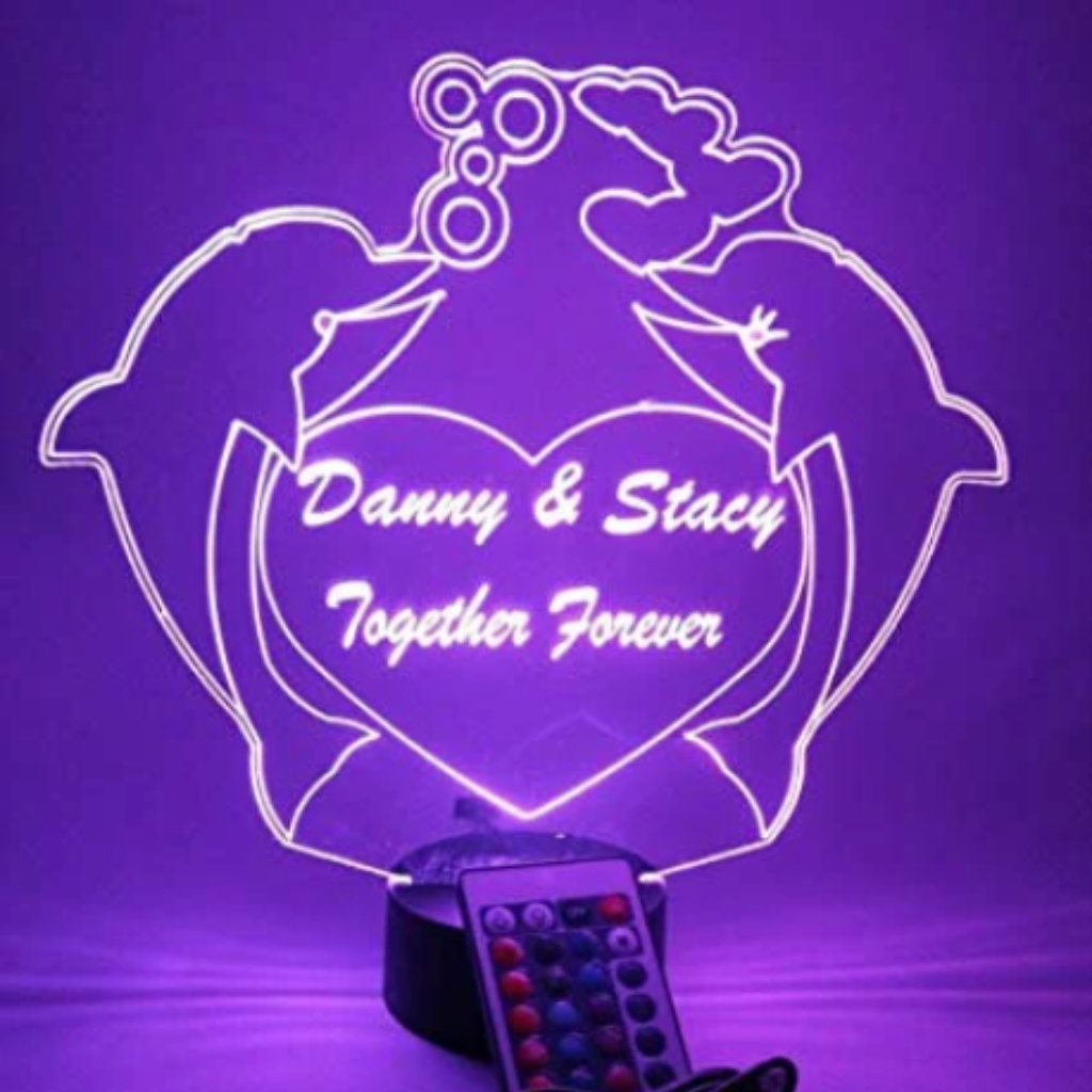 Couple Dolphins in Heart LED Tabletop Night Light Up Lamp, 16 Color option with Remote