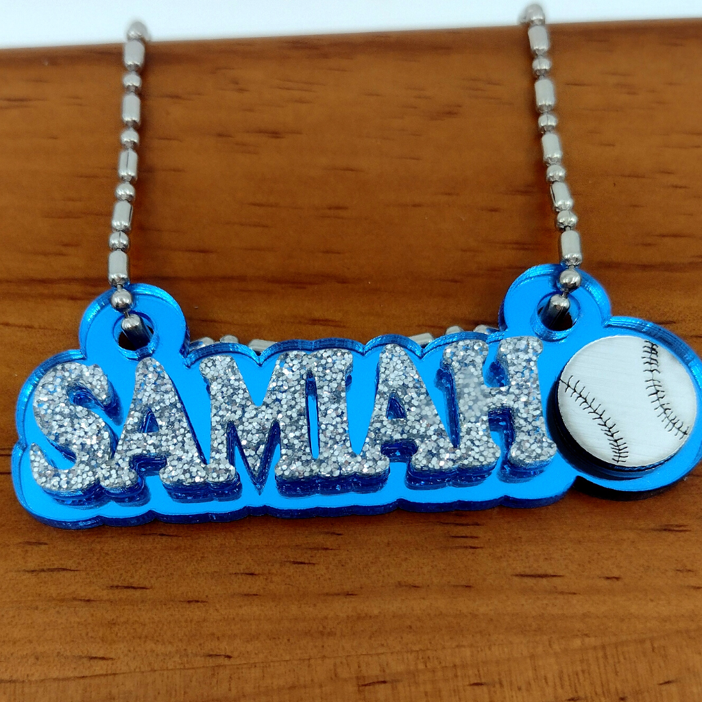Custom Baseball Name Necklace, Personalized Glitter Name Necklace