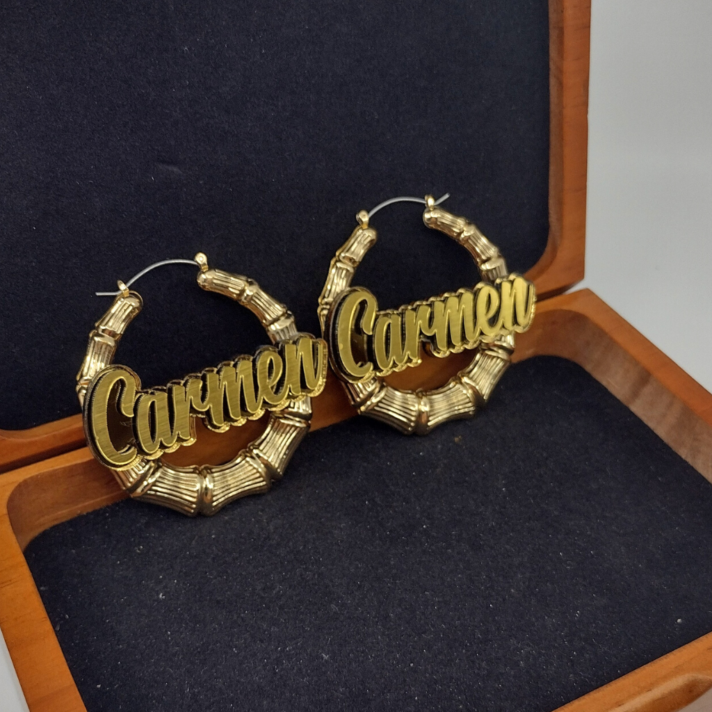 Custom Gold Hoop Earrings and a Name Necklace, Personalized Name and Background Color, Hand-made Jewelry Set