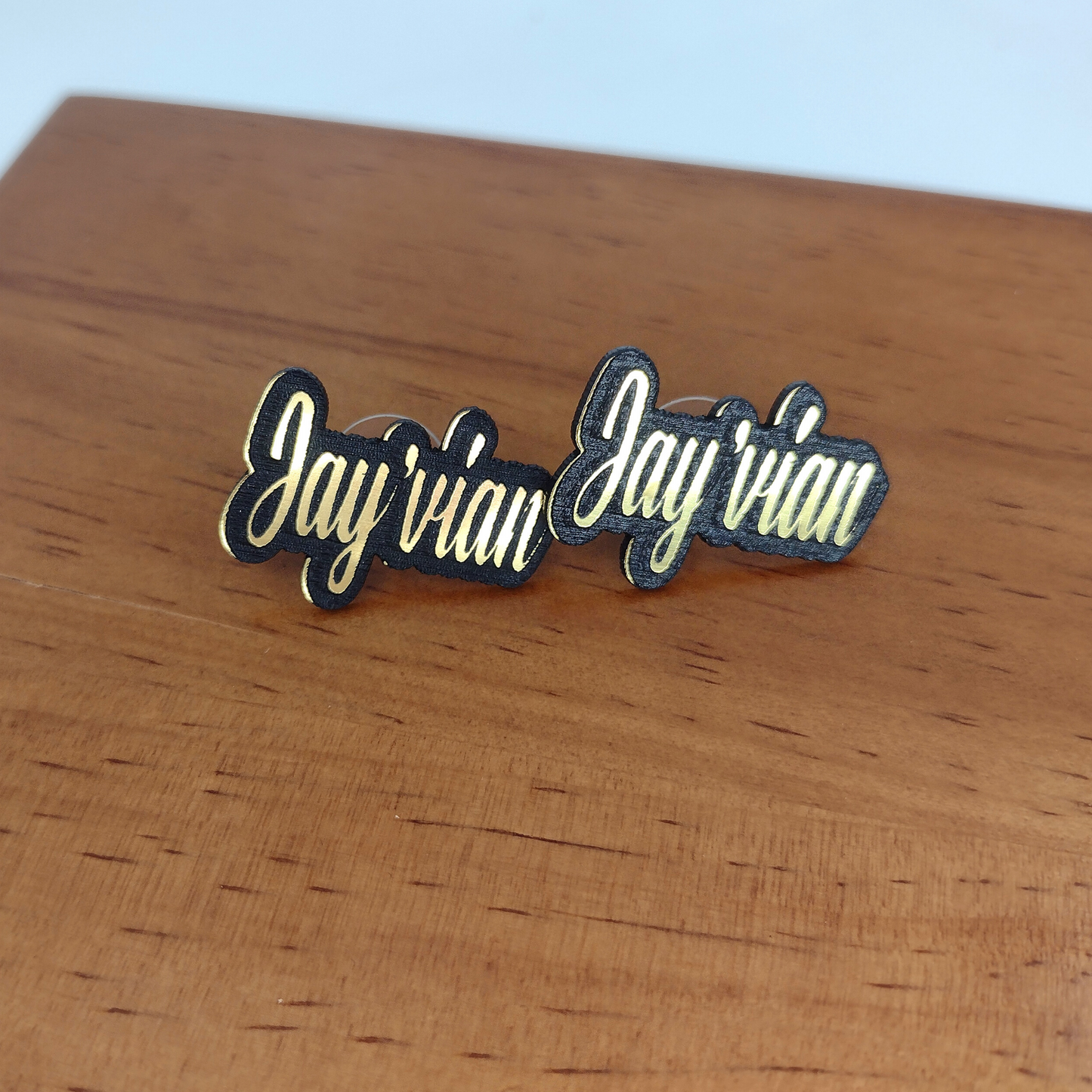 Custom Black and Gold Stud Earrings, Personalized Name