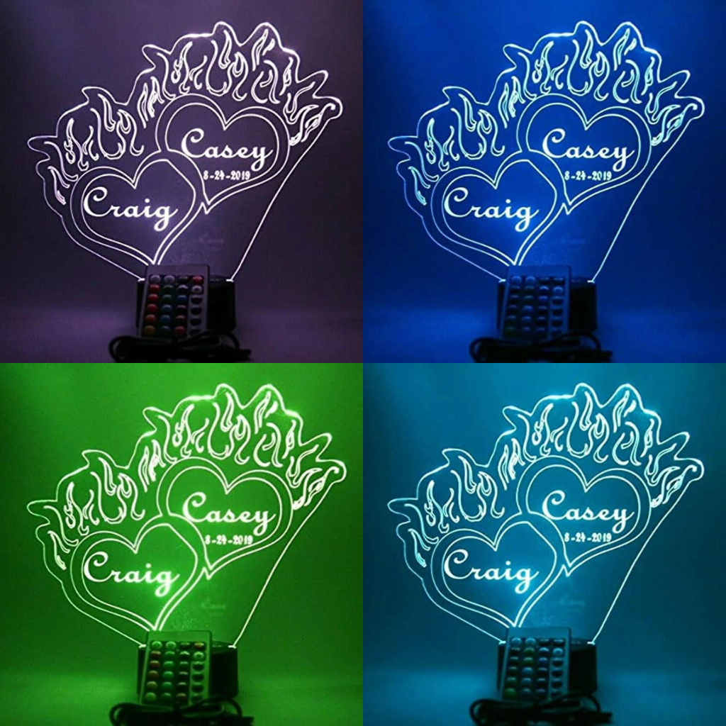 Double Hearts with Flames LED Tabletop Night Light Up Lamp, 16 Color options with Remote