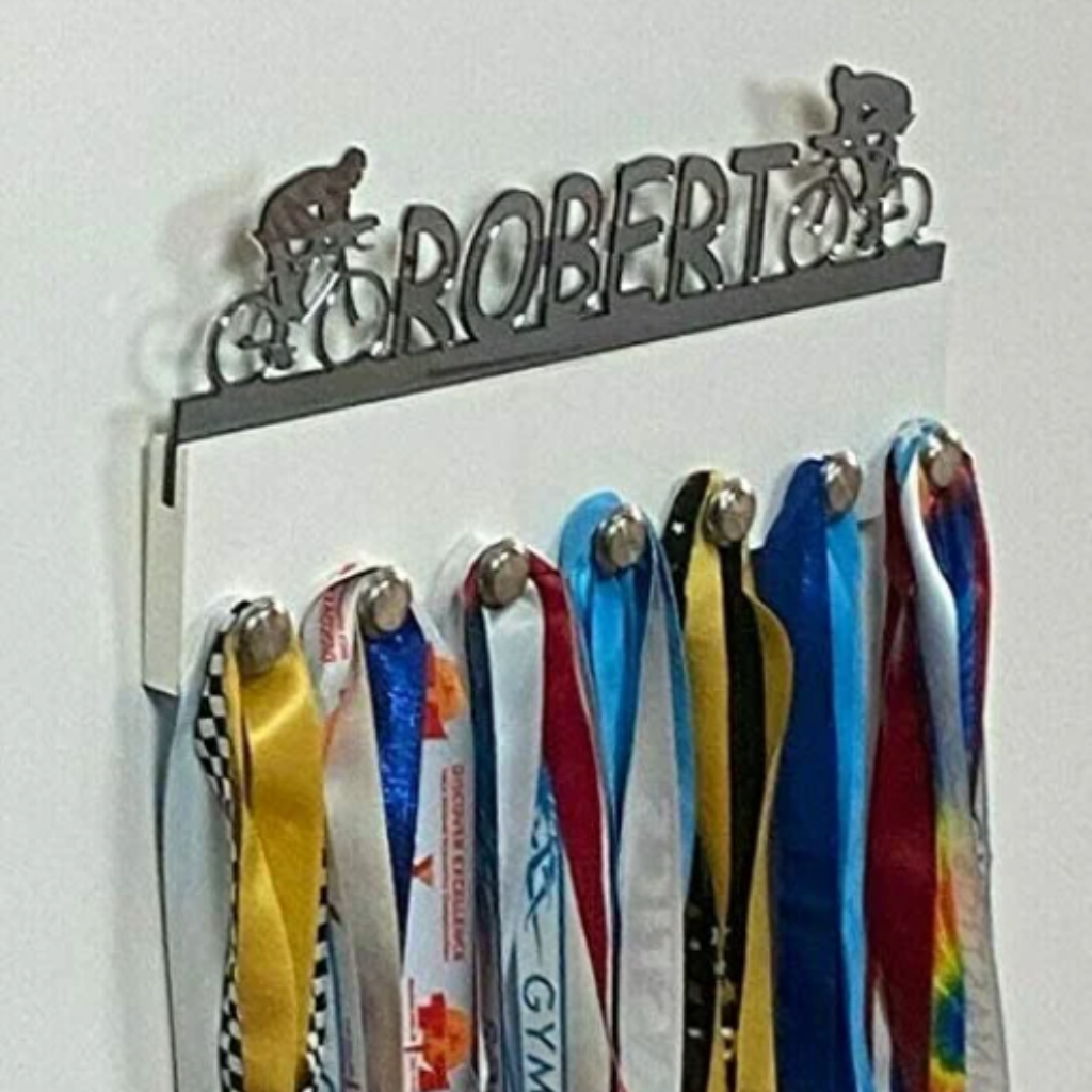 Biking Cyclists Personalized Medal Holder, Handmade Wall Organizer, Storage Space for Your Living Space