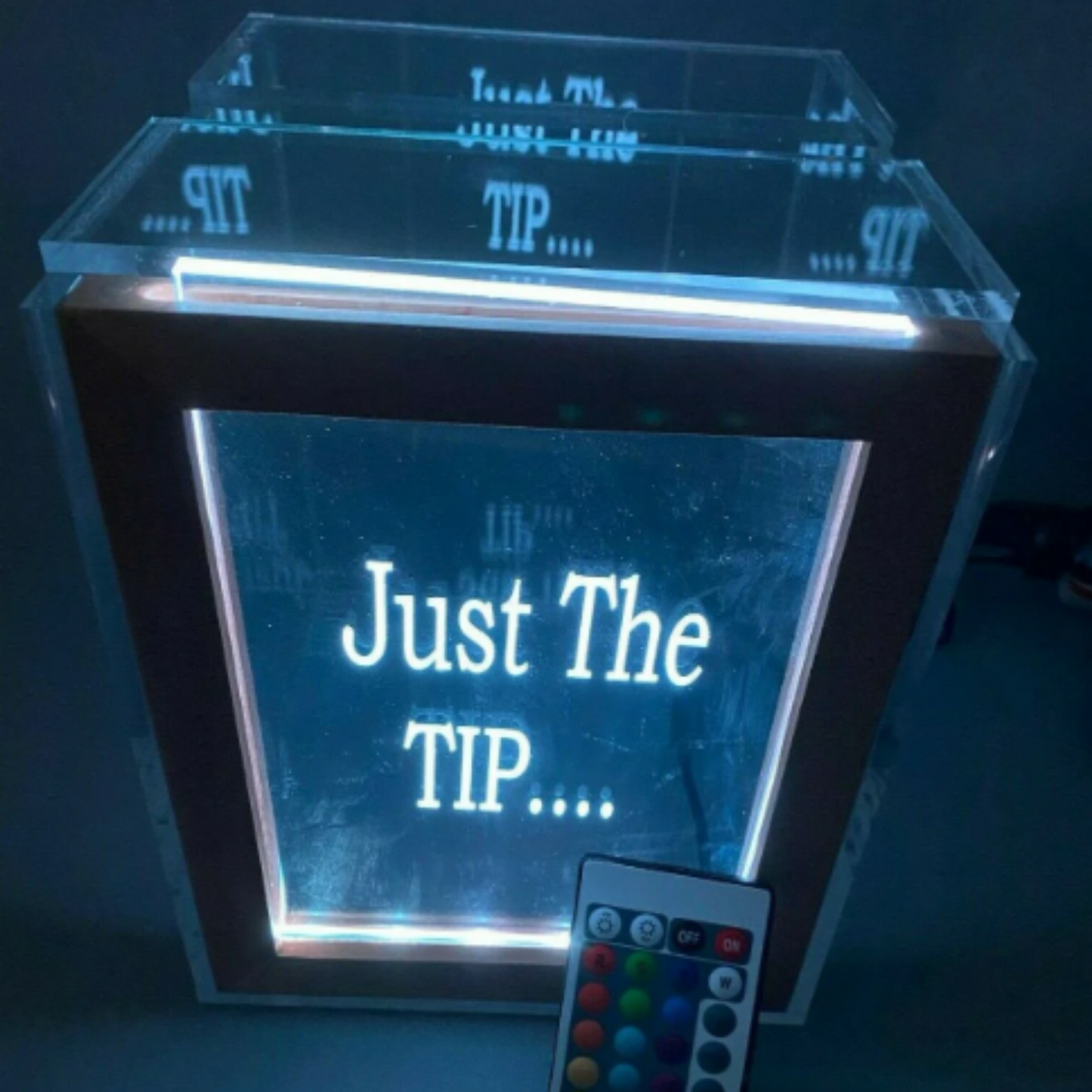 Tip Box Raffle Fund Raiser Donation Jar Fantastically Unique Eye Catching Personalized Engraved LED 16 Colors Changing 7"W x 8.5"H Container